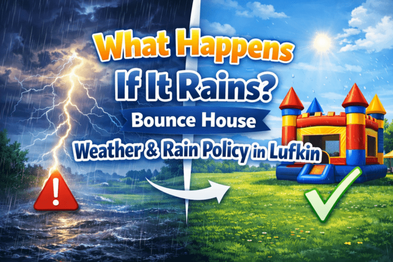 Bounce house weather and rain policy in Lufkin, Texas showing safe conditions versus unsafe storm conditions