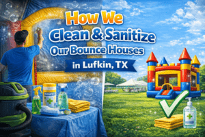 Clean and sanitized bounce house rental in Lufkin Texas showing before and after cleaning process